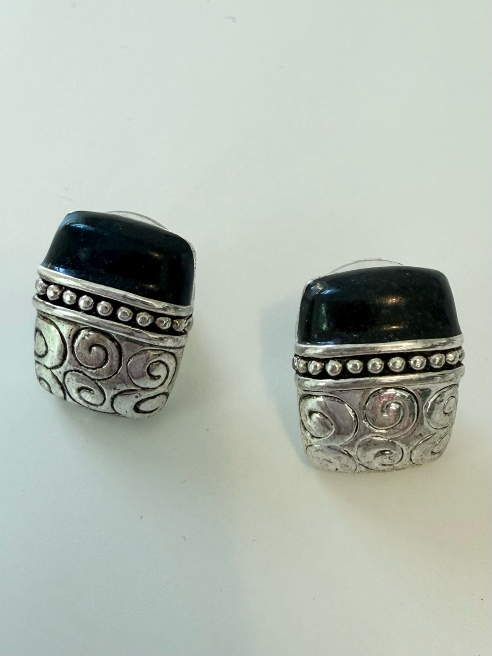 Brighton Silver-Tone Swirl Stud Earrings with Black Cabochon